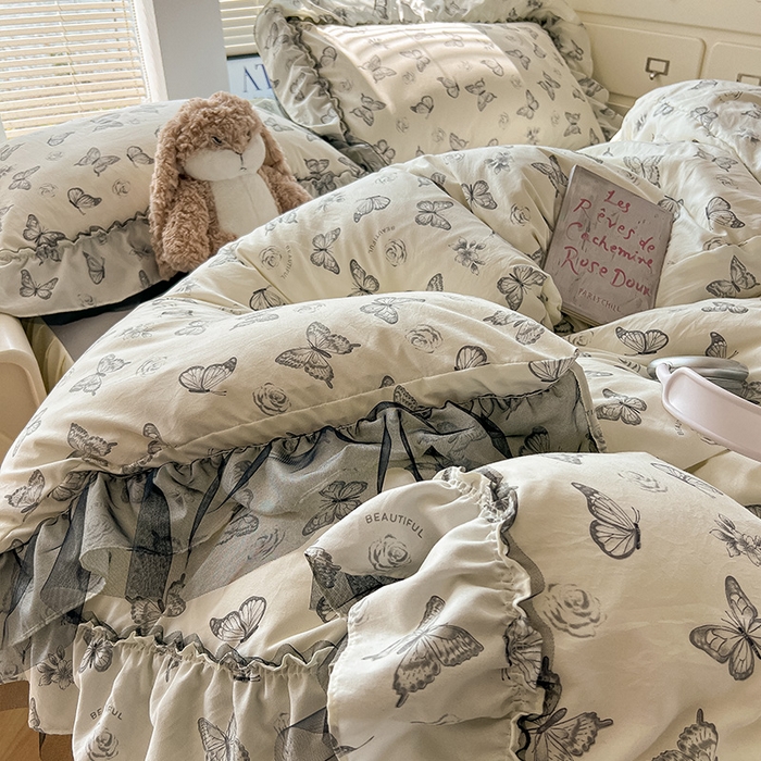 91家纺网 家纺一手货源 找家纺 （总）眠帛家居 2025新款A类法式皱皱纱小清新蕾丝花边四件套