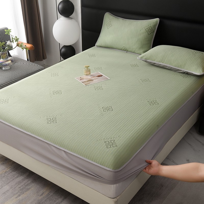 91家纺网 家纺一手货源 找家纺 绒多多 2025新款A类凉感冰豆豆席子凉席床笠款 果绿