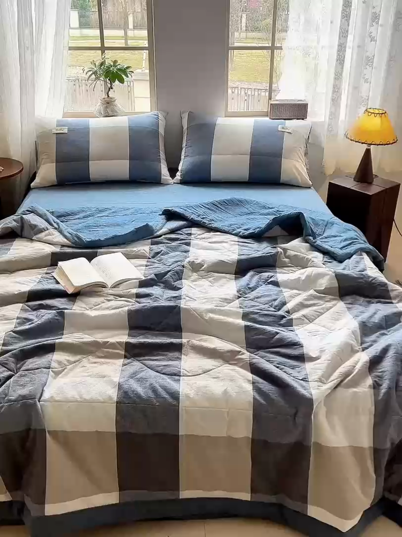 91家纺网 家纺一手货源 找家纺 恋人优选 2025新款纯棉色织水洗夏被 蓝大格