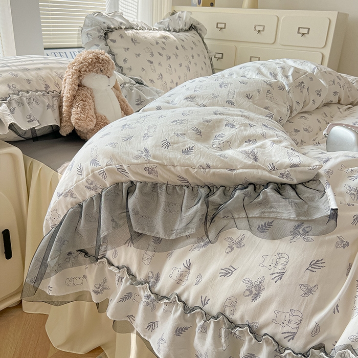 91家纺网 家纺一手货源 找家纺 眠帛家居 2025新款A类法式皱皱纱小清新蕾丝花边四件套 阿狸