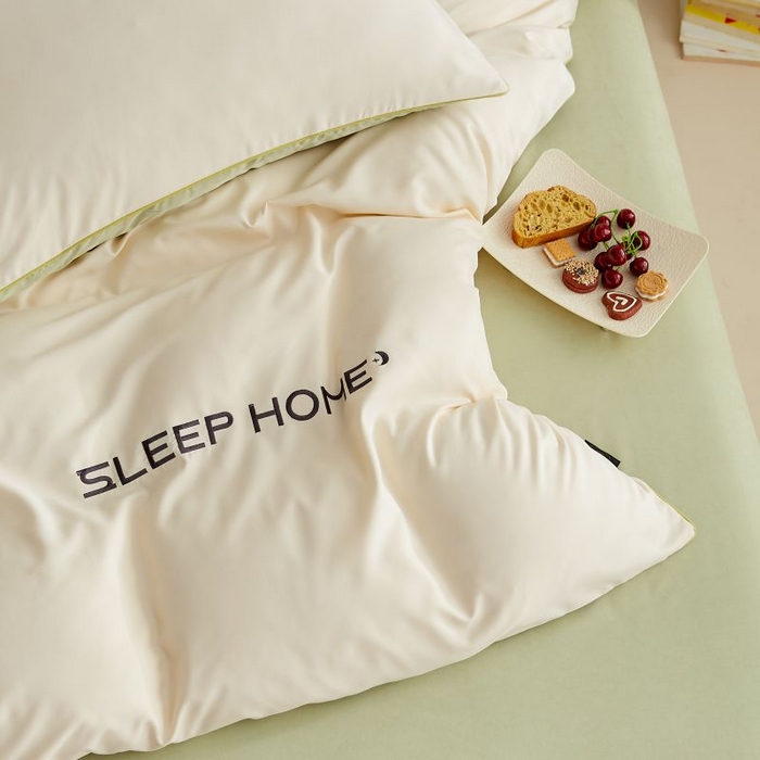 91家纺网 家纺一手货源 找家纺 恋之语 2025新款110克麻绳双拼刺绣四件套 米黄+抹茶绿