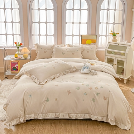 91家纺网 家纺一手货源 找家纺 （总）恋之语 2025新款水洗棉刺绣花边四件套-蝶羽