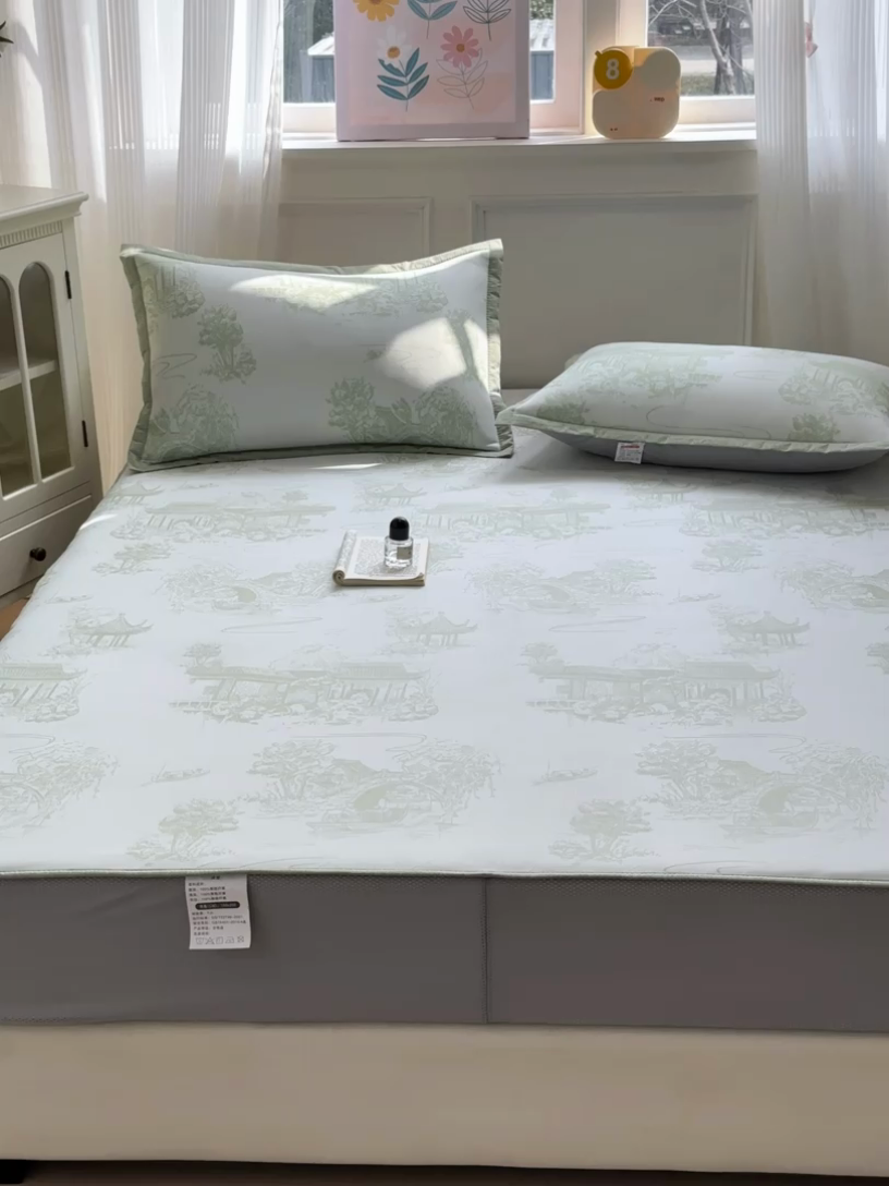 91家纺网 家纺一手货源 找家纺 花漾家居 2025新款A类色织提花PE凉感丝凉席三件套床单床笠款 床笠款-江南绿