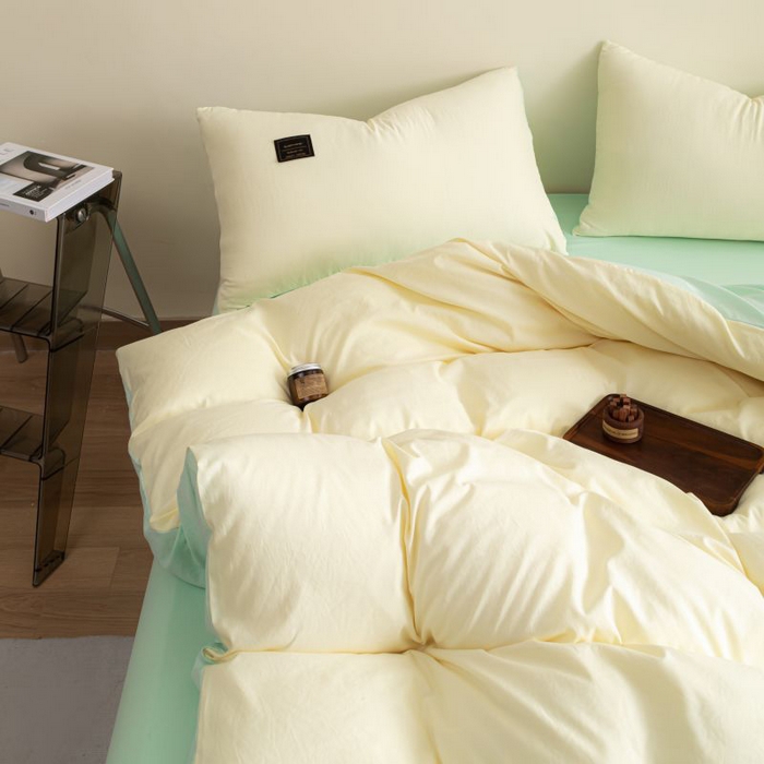 91家纺网 家纺一手货源 找家纺 恋之语 2025新款90克纯色双拼单被套 奶油黄+浅兰