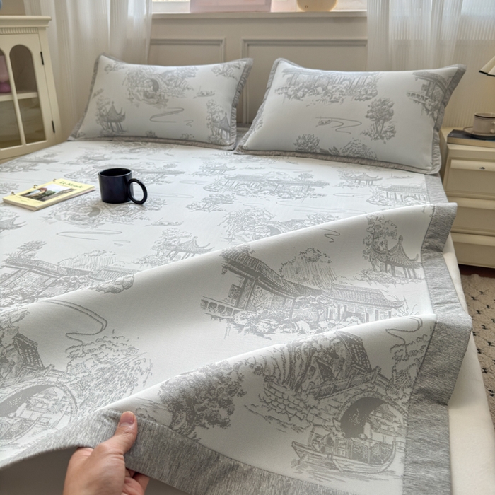 91家纺网 家纺一手货源 找家纺 花漾家居 2025新款A类色织提花PE凉感丝凉席三件套床单床笠款 床单款-江南灰