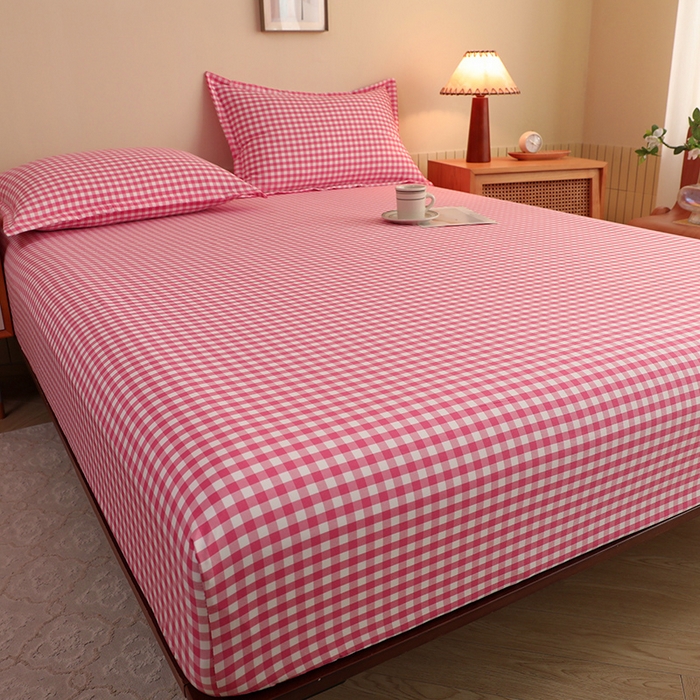 91家纺网 家纺一手货源 找家纺 绒多多 2025新款简约水洗棉色织床笠 深红小格