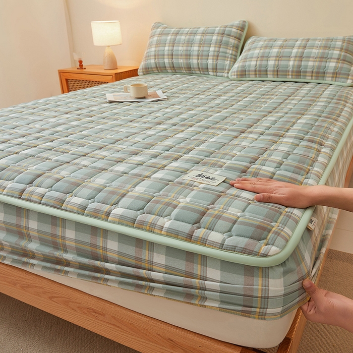 91家纺网 家纺一手货源 找家纺 喜居家纺2025新款A类水洗棉夹棉棉花床笠垫 棉-云舒绿