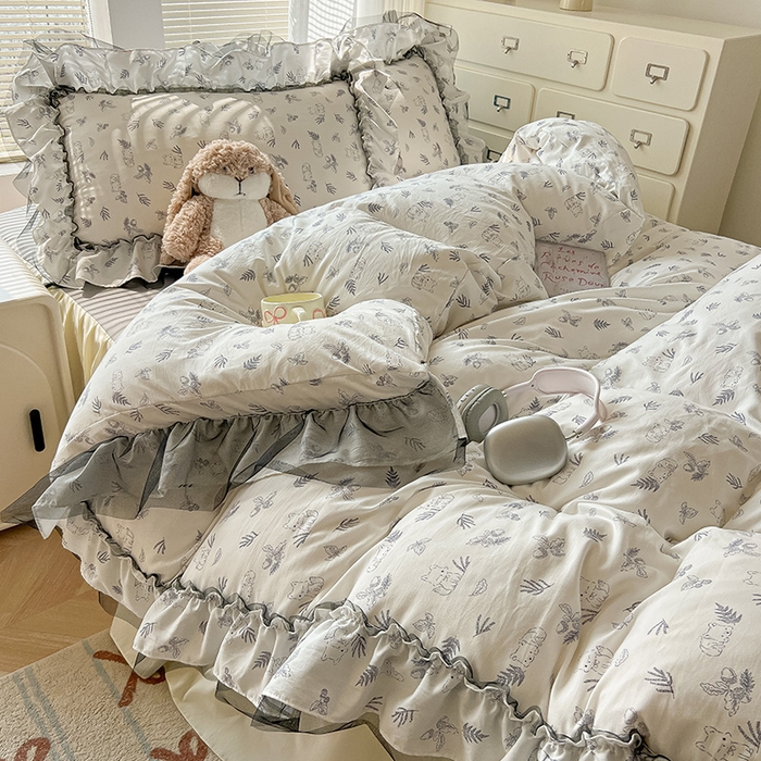 91家纺网 家纺一手货源 找家纺 眠帛家居 2025新款A类法式皱皱纱小清新蕾丝花边四件套 阿狸