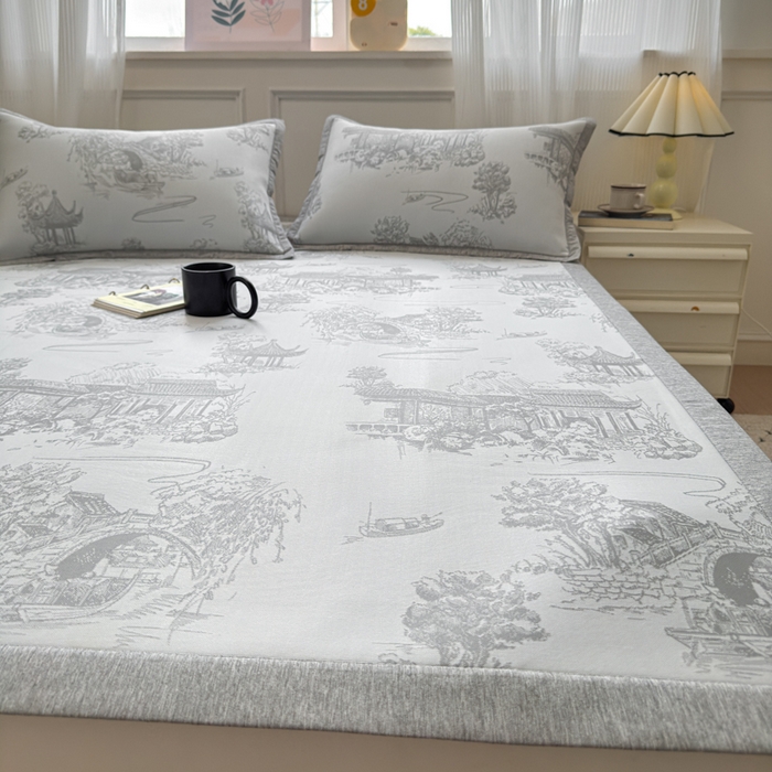 91家纺网 家纺一手货源 找家纺 花漾家居 2025新款A类色织提花PE凉感丝凉席三件套床单床笠款 床单款-江南灰