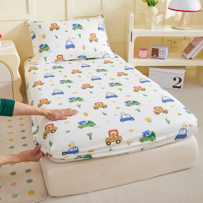 91家纺网 家纺一手货源 找家纺 ds生活馆 2025新款儿童纯棉精梳棉系列单床笠 森林巴士