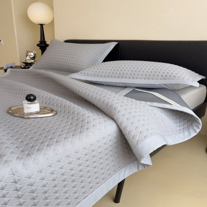 91家纺网 家纺一手货源 找家纺 席世家 2025新款凉感席冰豆豆席子三套件凉席床笠 小方格珍珠灰-床席款