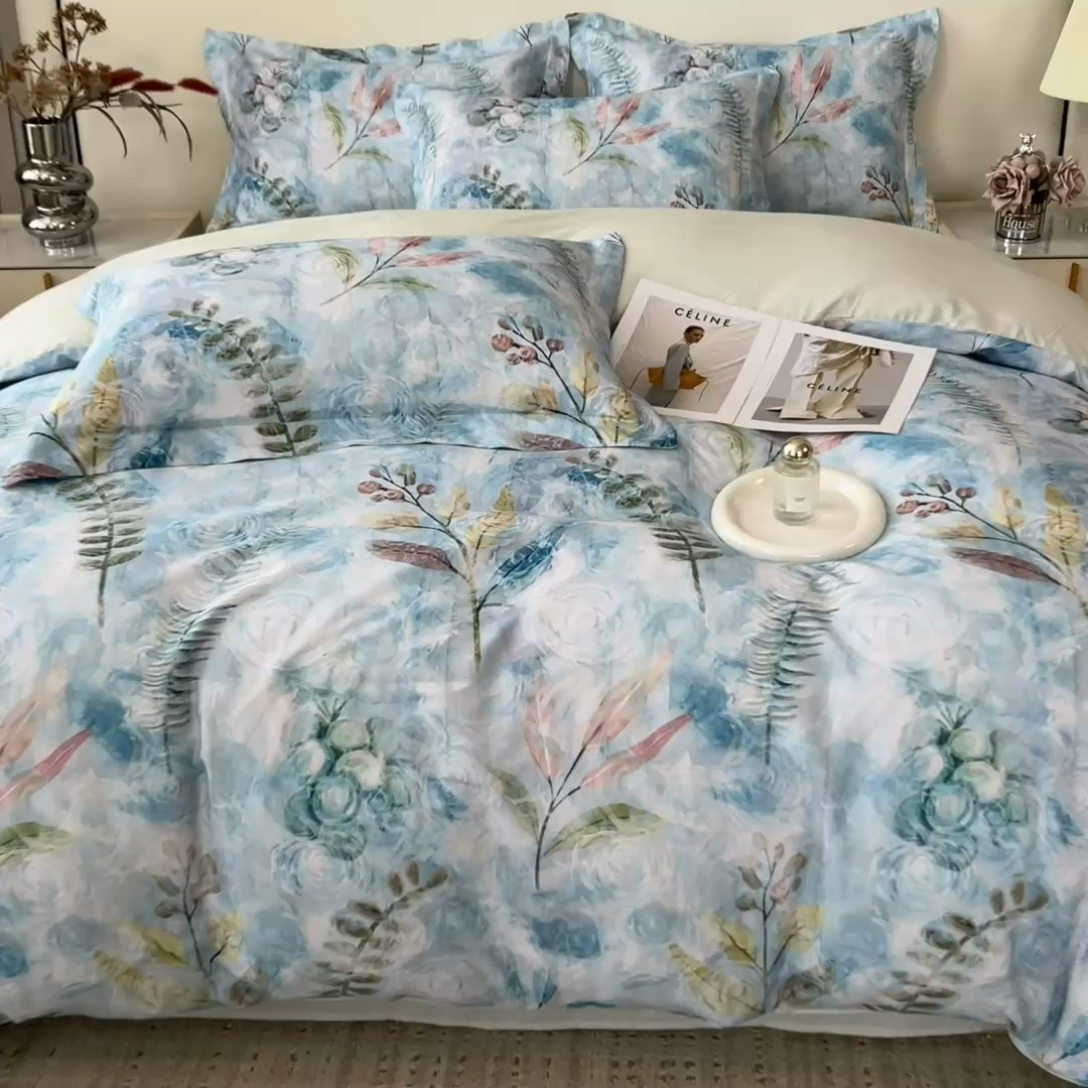 91家纺网 家纺一手货源 找家纺 芃成家纺 2025新款A类莱赛尔天丝棉四件套 春色写意-兰