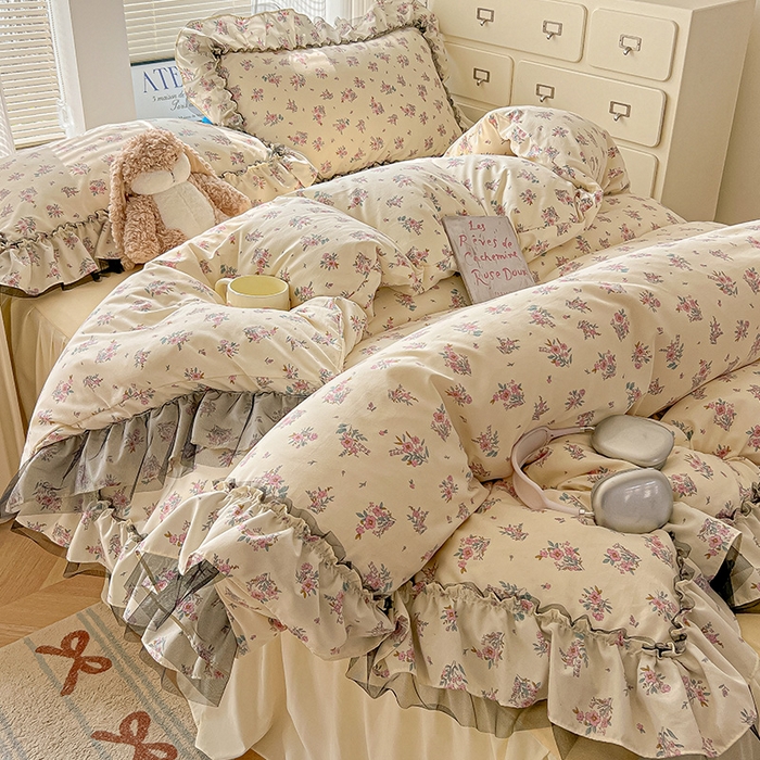 91家纺网 家纺一手货源 找家纺 眠帛家居 2025新款A类法式皱皱纱小清新蕾丝花边四件套 芬芳