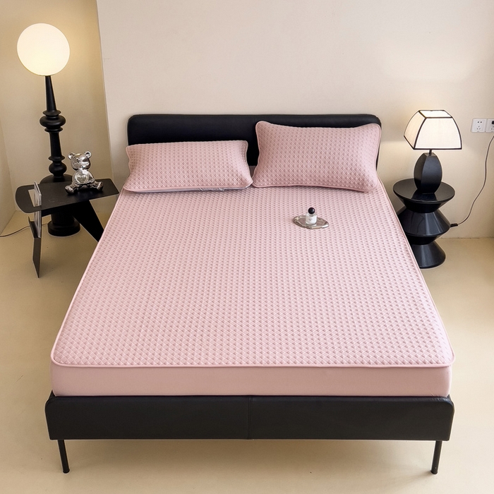 91家纺网 家纺一手货源 找家纺 席世家 2025新款凉感席冰豆豆席子三套件凉席床笠 小方格芙蓉粉-床笠款