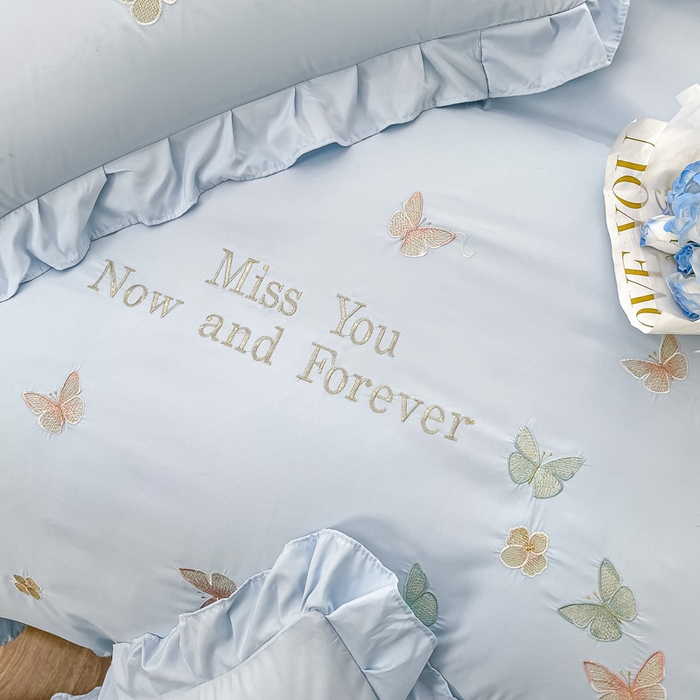 91家纺网 家纺一手货源 找家纺 恋之语 2025新款水洗棉刺绣花边四件套-蝶羽 蝶羽-蓝