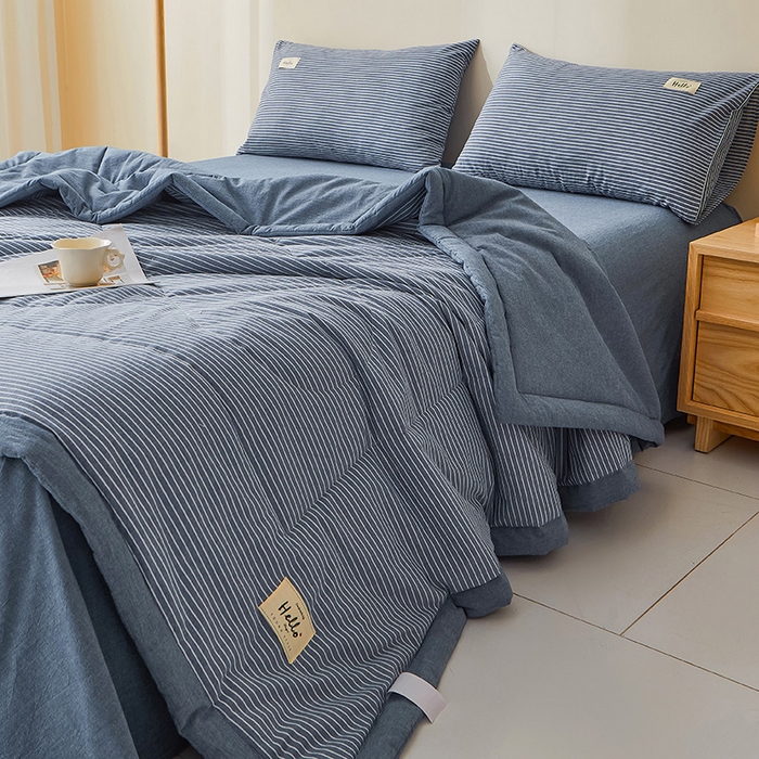 91家纺网 家纺一手货源 找家纺 恋人优选 2025新款纯棉色织水洗夏被 蓝白条