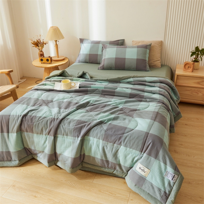 91家纺网 家纺一手货源 找家纺 恋人优选 2025新款纯棉色织水洗夏被 绿灰大格
