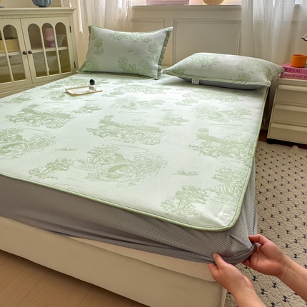 91家纺网 家纺一手货源 找家纺 （总）花漾家居 2025新款A类色织提花PE凉感丝凉席三件套床单床笠款 床笠款-江南绿