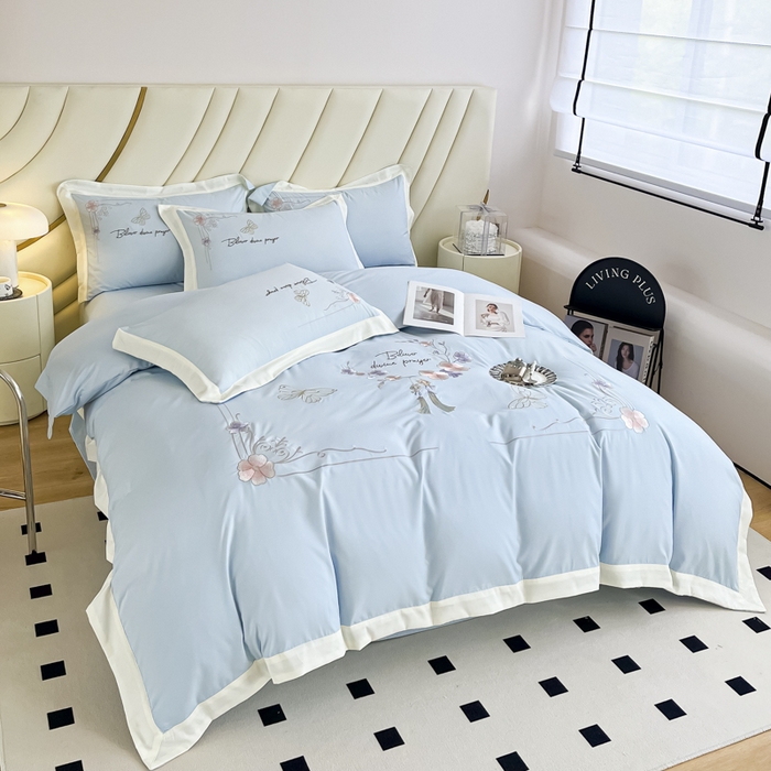 91家纺网 家纺一手货源 找家纺 恋之语 2025新款水洗棉刺绣四件套-锦绣花 锦绣花-天蓝