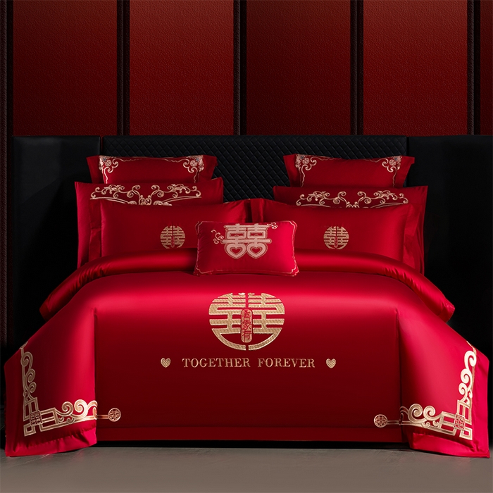 91家纺网 家纺一手货源 找家纺 博之洋婚庆 2025新款全棉长绒棉刺绣新中式婚庆系列多件套 幸福相伴