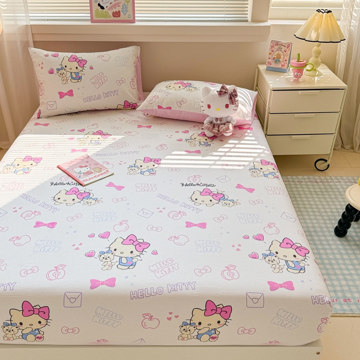 91家纺网 家纺一手货源 找家纺 呗旺鹿 2025新款正版三丽鸥全棉13372单品床笠 凯蒂小熊