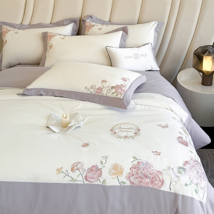 91家纺网 家纺一手货源 找家纺 恋之语 2025新款水洗棉刺绣四件套-伊莉莎 伊莉莎-灰紫