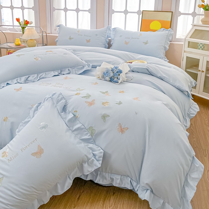 91家纺网 家纺一手货源 找家纺 恋之语 2025新款水洗棉刺绣花边四件套-蝶羽 蝶羽-蓝