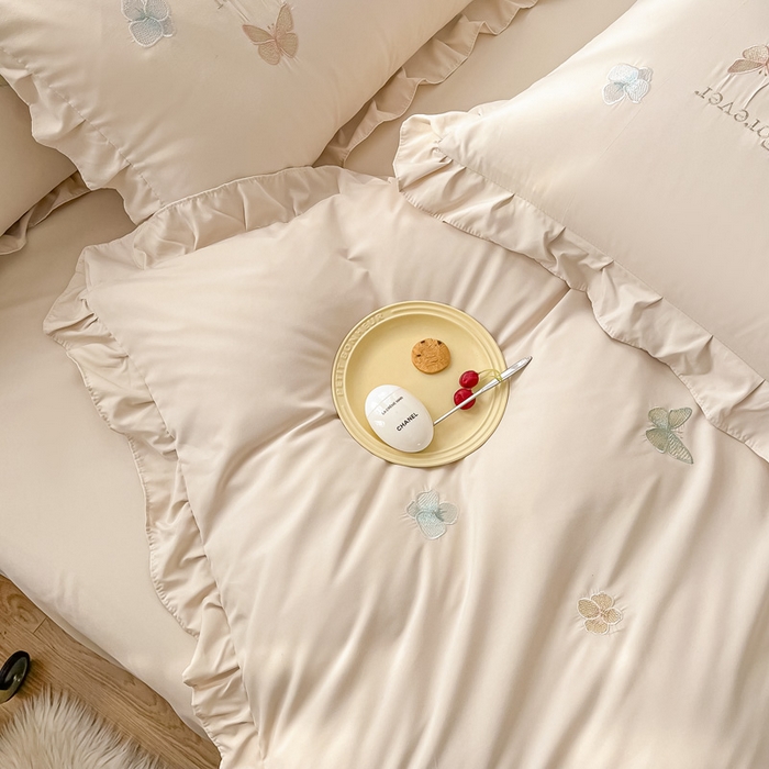 91家纺网 家纺一手货源 找家纺 恋之语 2025新款水洗棉刺绣花边四件套-蝶羽 蝶羽-米白