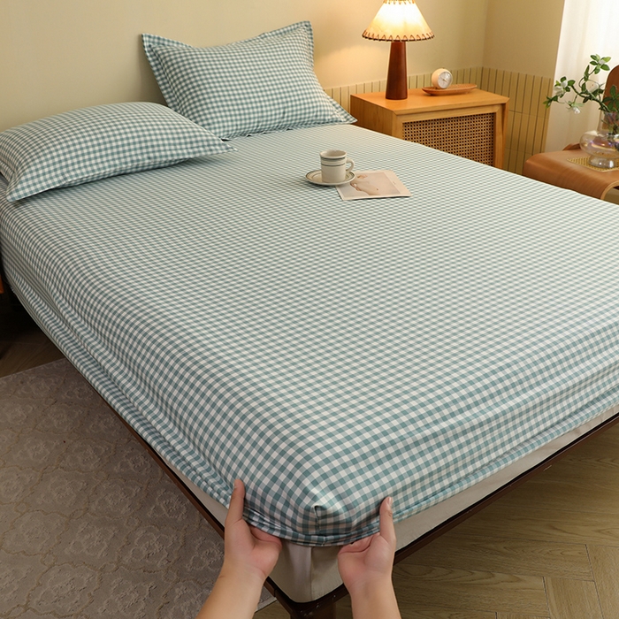 91家纺网 家纺一手货源 找家纺 绒多多 2025新款简约水洗棉色织床笠 绿小格