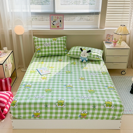 91家纺网 家纺一手货源 找家纺 呗旺鹿 2025新款正版三丽鸥全棉13372单品床笠 格子大眼蛙