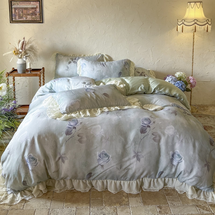 91家纺网 家纺一手货源 找家纺 亲亲公主 2025新款莱赛尔天丝棉玫瑰之恋四件套 玫瑰之恋一绿色