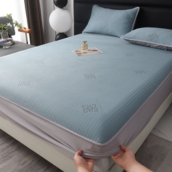 91家纺网 家纺一手货源 找家纺 绒多多 2025新款A类凉感冰豆豆席子凉席床笠款 雾霾蓝,雾霾蓝