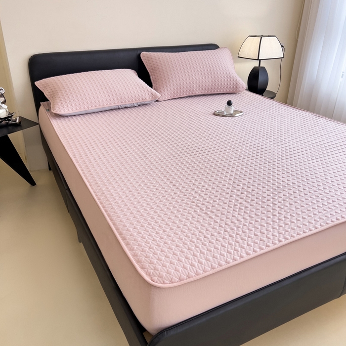 91家纺网 家纺一手货源 找家纺 席世家 2025新款凉感席冰豆豆席子三套件凉席床笠 小方格芙蓉粉-床笠款