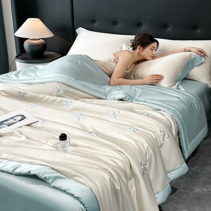满羽家纺 2025新款凉感冰丝夏被夏凉被空调被四件套 蝴蝶结-奶白兰