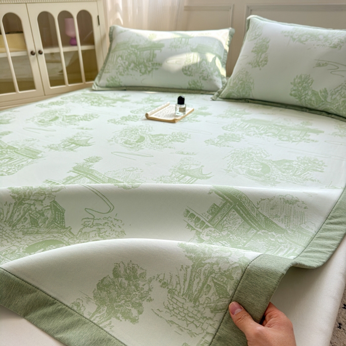 91家纺网 家纺一手货源 找家纺 花漾家居 2025新款A类色织提花PE凉感丝凉席三件套床单床笠款 床单款-江南绿