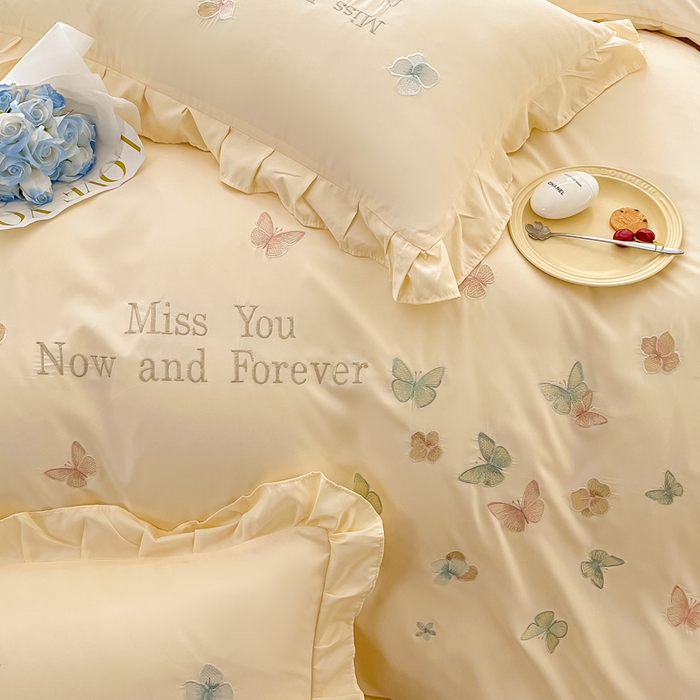 91家纺网 家纺一手货源 找家纺 恋之语 2025新款水洗棉刺绣花边四件套-蝶羽 蝶羽-黄