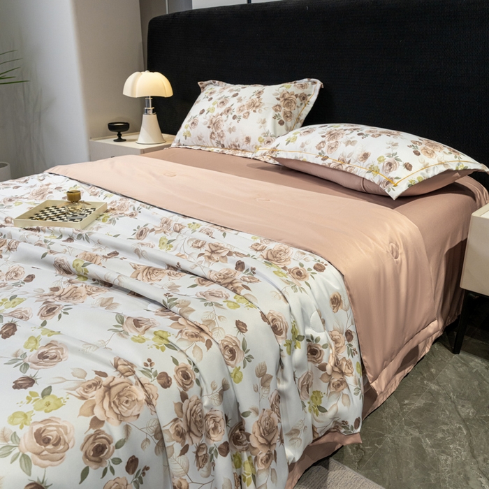 91家纺网 家纺一手货源 找家纺 归属2025新款水洗真丝夏被四件套空调被夏凉被 玫瑰园