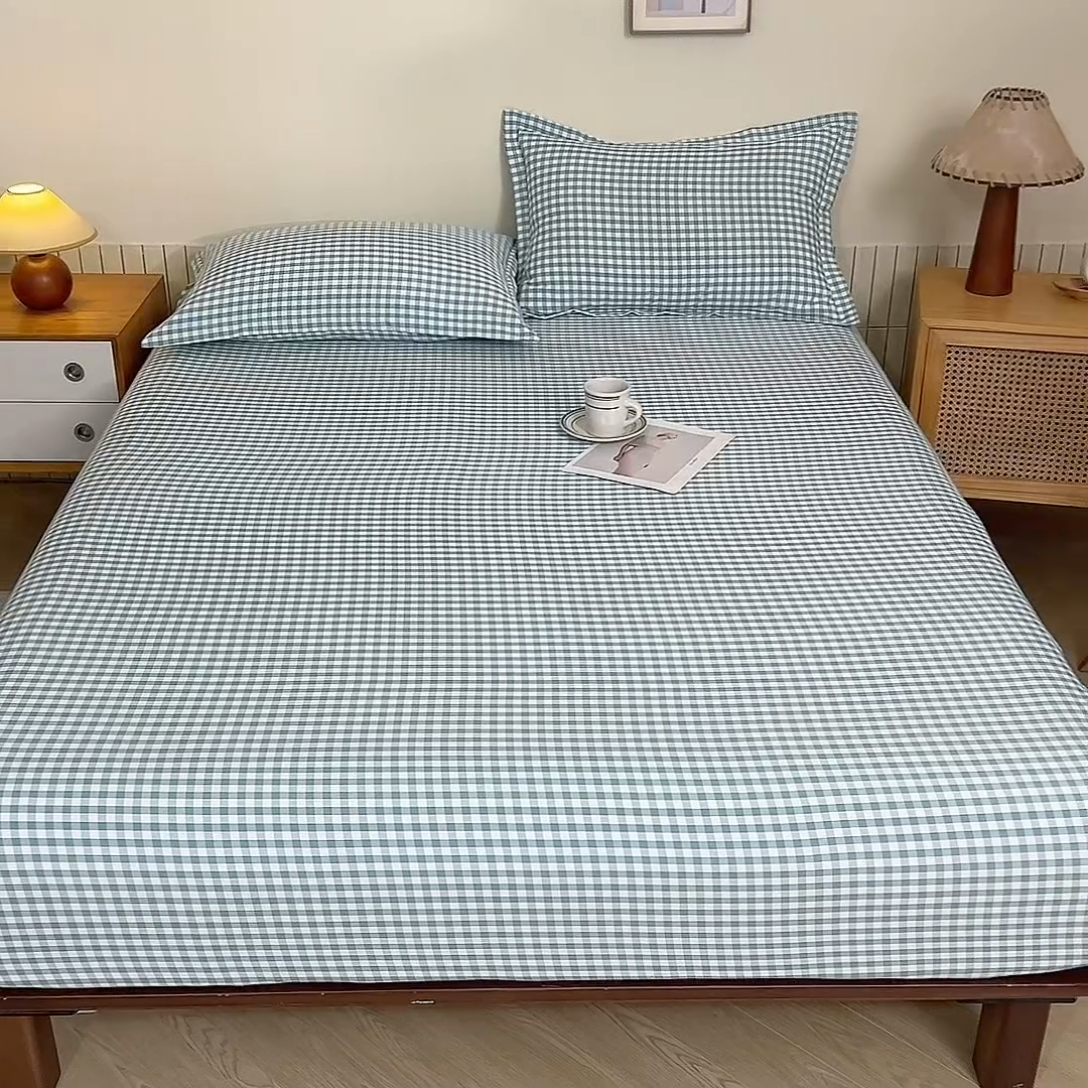 91家纺网 家纺一手货源 找家纺 绒多多 2025新款简约水洗棉色织床笠 绿小格