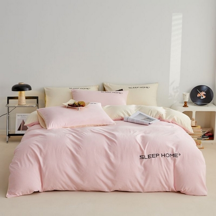 恋之语 2025新款110克麻绳双拼刺绣单被套 樱花粉+米黄