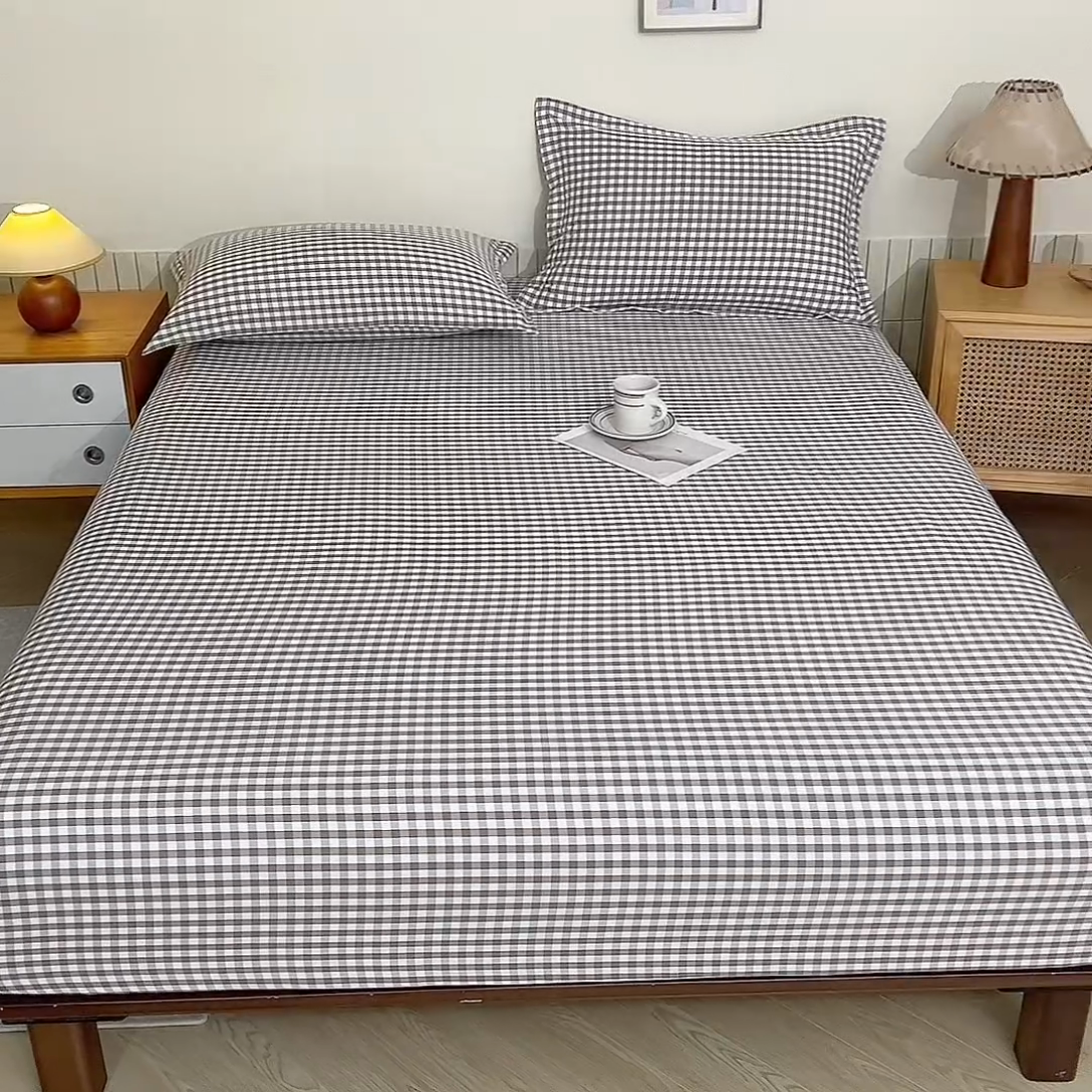 91家纺网 家纺一手货源 找家纺 绒多多 2025新款简约水洗棉色织床笠 咖小格