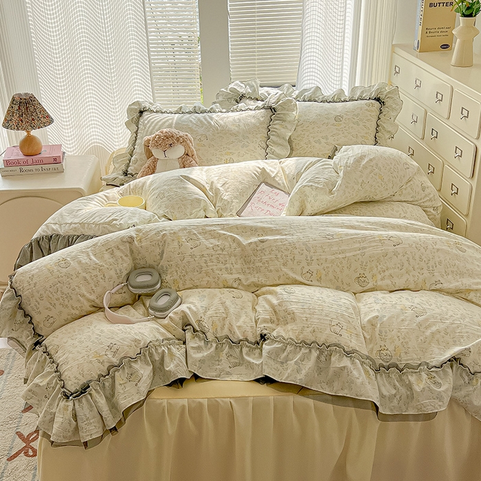 91家纺网 家纺一手货源 找家纺 眠帛家居 2025新款A类法式皱皱纱小清新蕾丝花边四件套 温馨