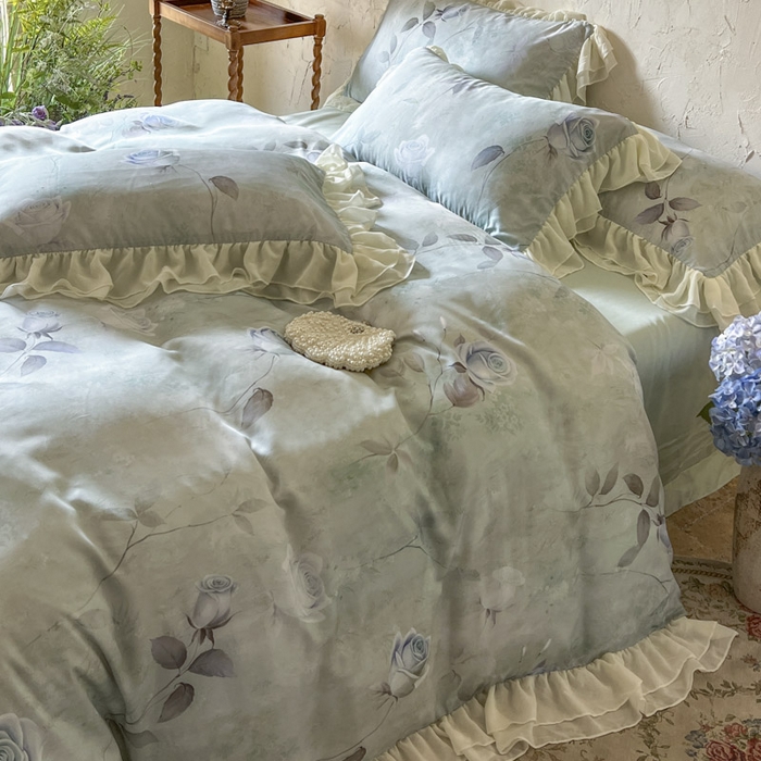 91家纺网 家纺一手货源 找家纺 亲亲公主 2025新款莱赛尔天丝棉玫瑰之恋四件套 玫瑰之恋一绿色