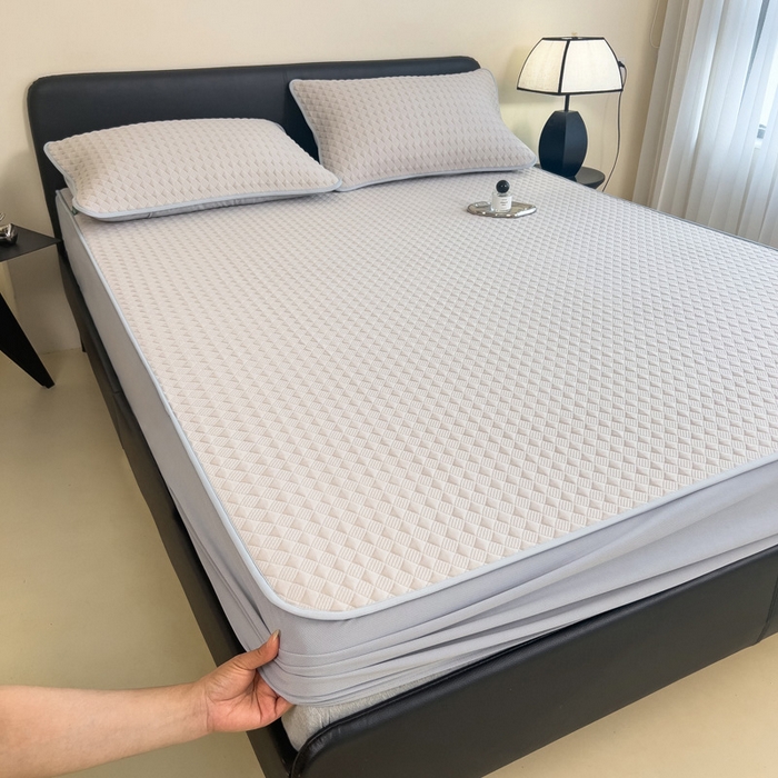 91家纺网 家纺一手货源 找家纺 席世家 2025新款凉感席冰豆豆席子三套件凉席床笠 小方格米咖-床笠款