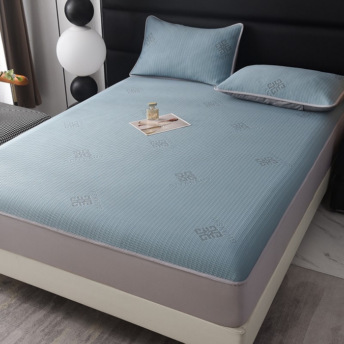 91家纺网 家纺一手货源 找家纺 绒多多 2025新款A类凉感冰豆豆席子凉席床笠款 雾霾蓝