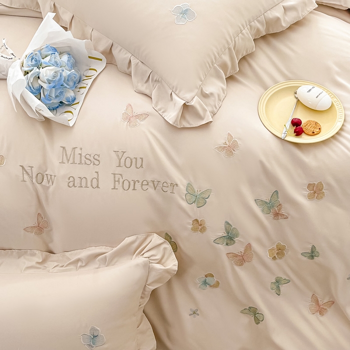 91家纺网 家纺一手货源 找家纺 恋之语 2025新款水洗棉刺绣花边四件套-蝶羽 蝶羽-米白