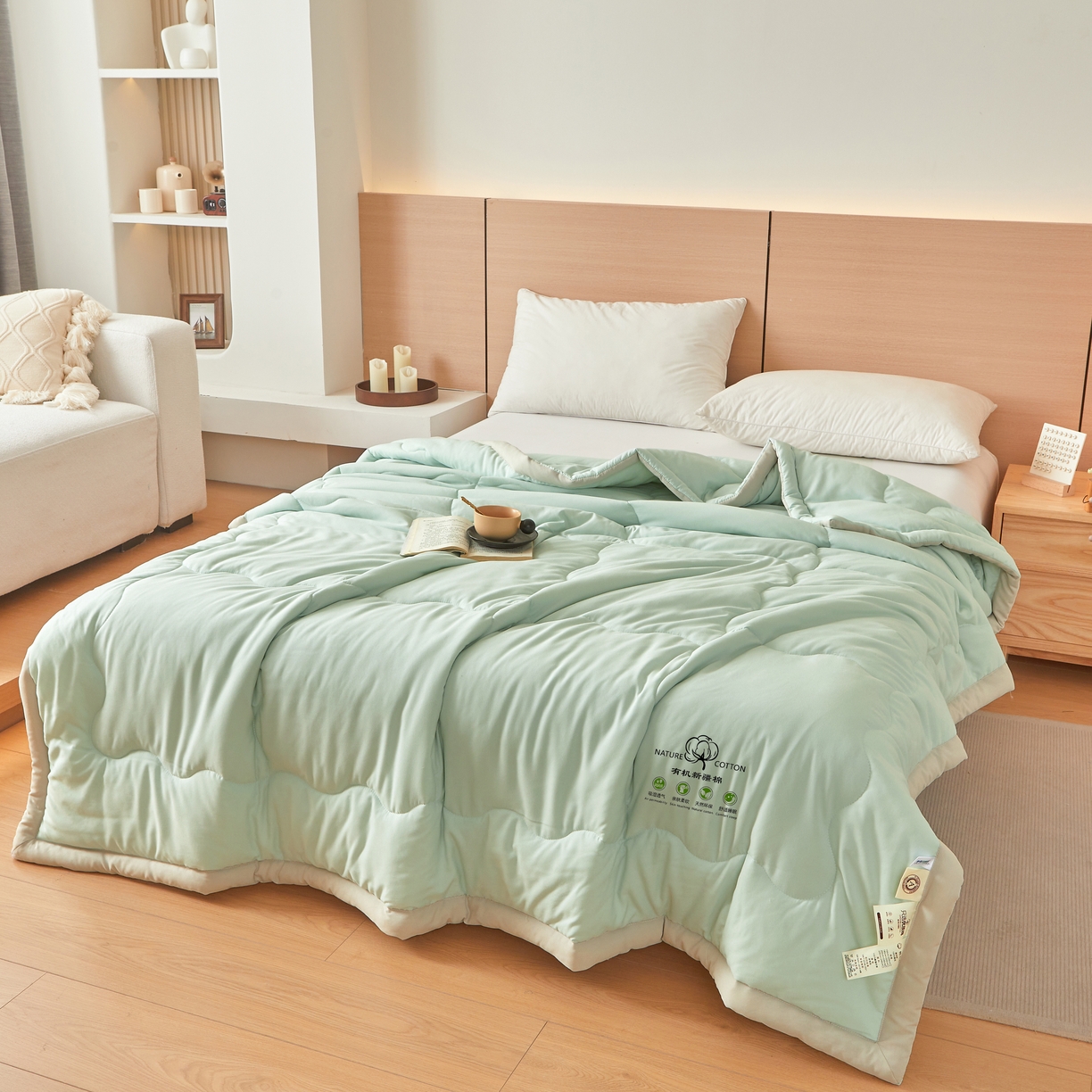 91家纺网 家纺一手货源 找家纺 易博家纺 2025新款格子纯色水洗棉无印风百分百新疆棉花夏被夏凉被被子被芯 冰激凌绿