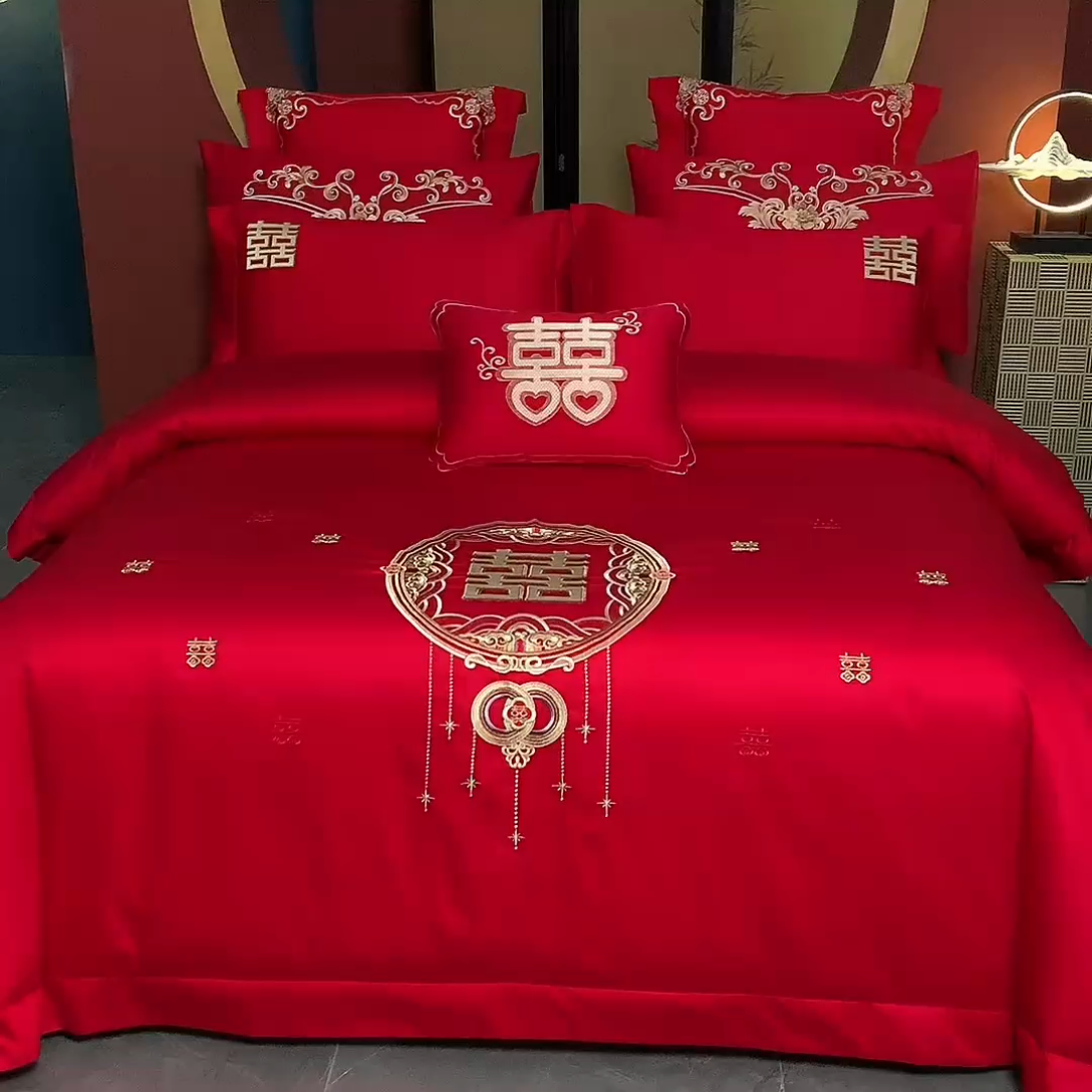 91家纺网 家纺一手货源 找家纺 博之洋婚庆 2025新款全棉长绒棉刺绣新中式婚庆系列多件套 喜气满满