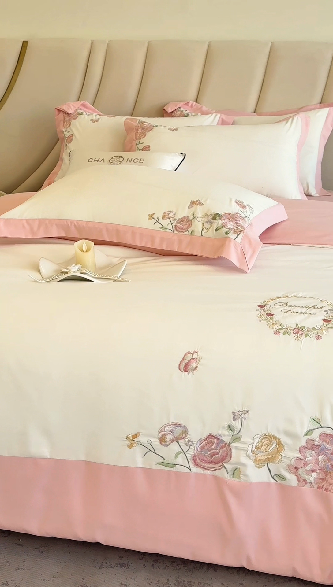 91家纺网 家纺一手货源 找家纺 恋之语 2025新款水洗棉刺绣四件套-伊莉莎 伊莉莎-白粉