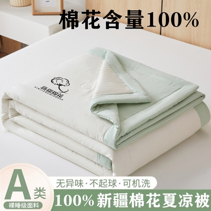 爱屋及屋 2025新款纯色撞色100%棉花填充夏被夏凉被空调被夏季可机洗薄被子被芯 果绿+奶白