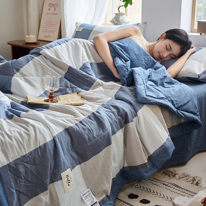 91家纺网 家纺一手货源 找家纺 恋人优选 2025新款纯棉色织水洗夏被 蓝大格